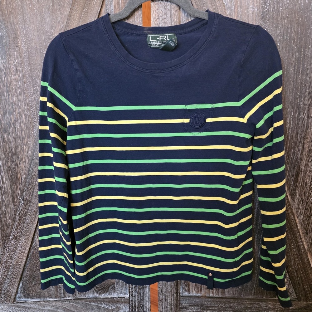 Lauren Active Ralph Lauren Shirt Women's‎ Size Medium Navy Green Yellow Stripe